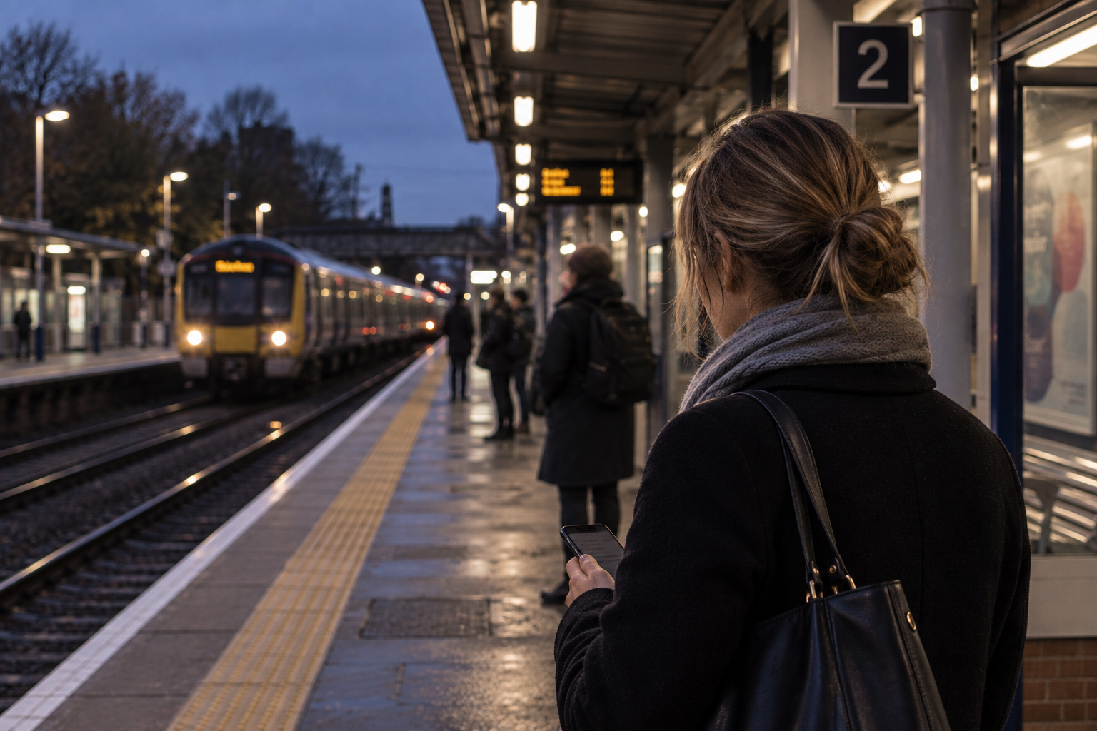 A woman stands on a train station platform, looking down at her phone. 